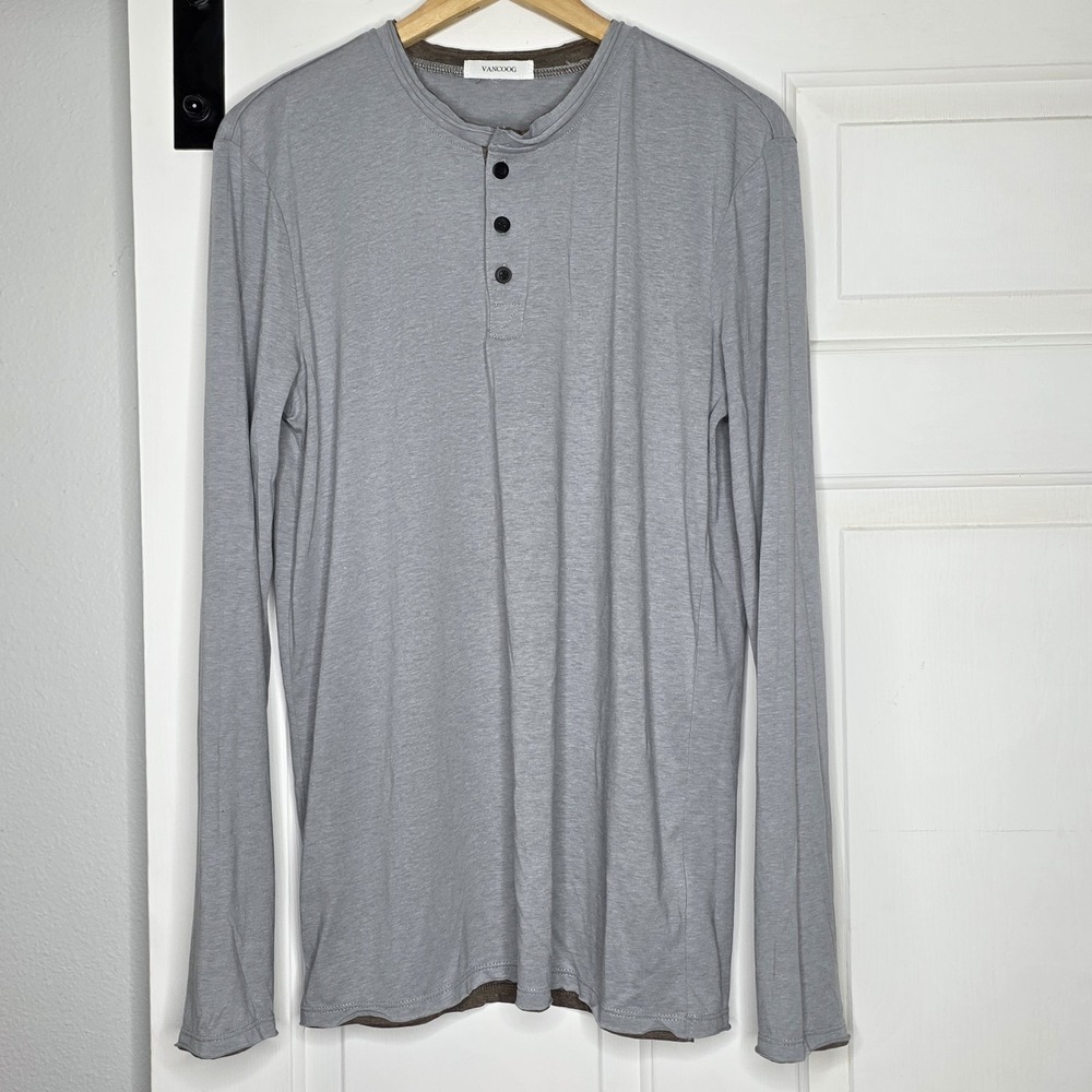Vancoog Henley Shirt Mens Medium Long Sleeve Heather Gray Made in USA
